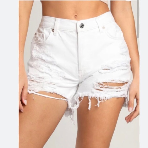 Free People Optic White Maggie Mid-Rise Button Front Fly Distressed Jean Shorts - Picture 2 of 14